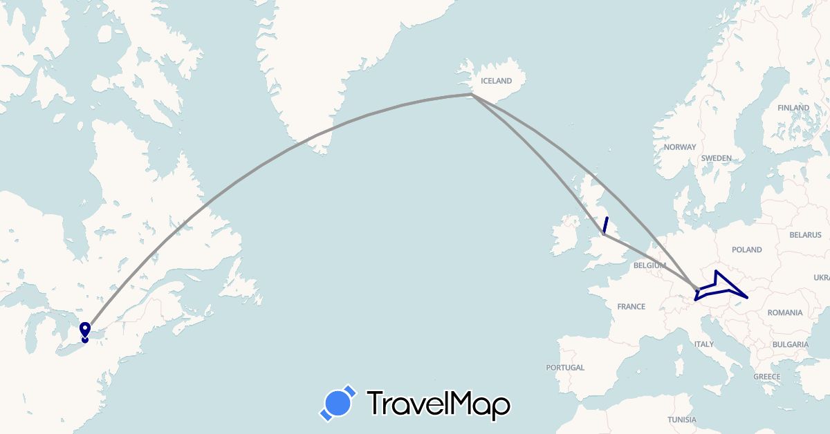 TravelMap itinerary: driving, plane in Austria, Canada, Czech Republic, Germany, United Kingdom, Hungary, Iceland (Europe, North America)